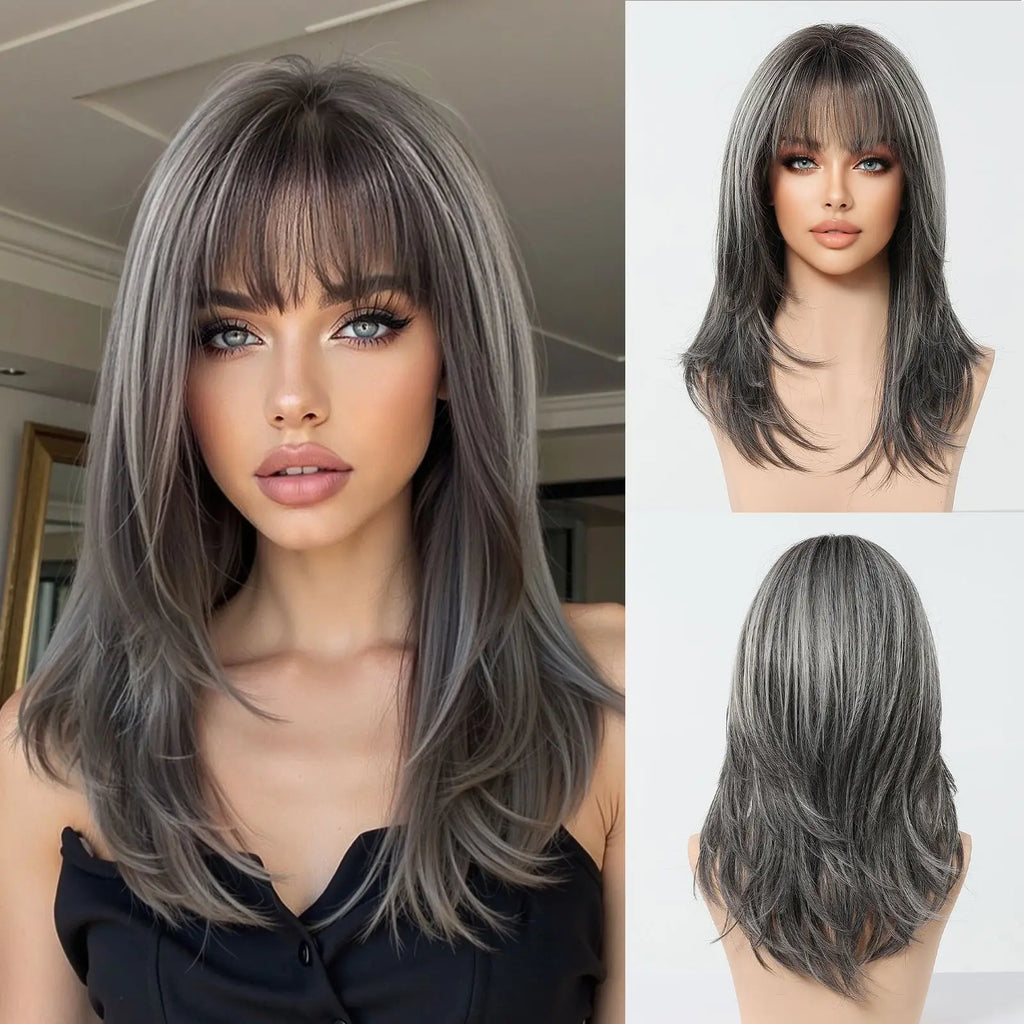 EASIHAIR Purple Synthetic Wigs for Women Long Straight Layered Hair Wigs With Side Bangs Ombre Purple Black Wigs Heat Resistant