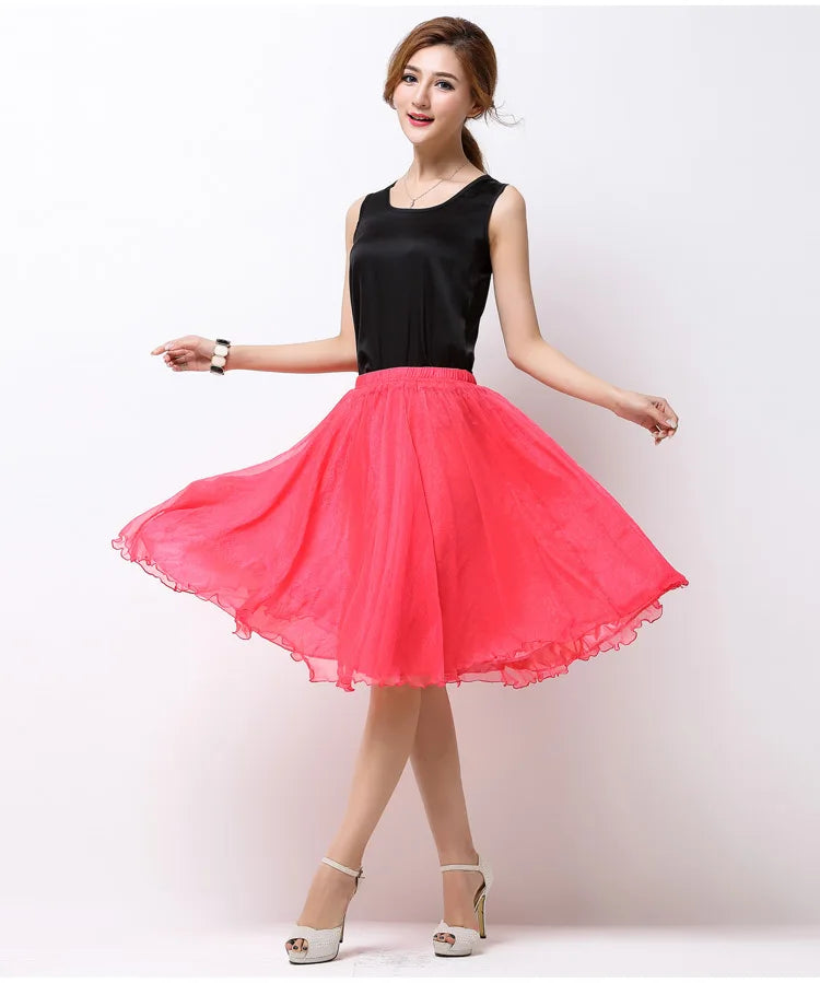 Summer Women Silk Tutu Skirts Chiffon Pleated Dance Beach Wedding Party Skirt Black White Elastic High Waist Midi Skirts