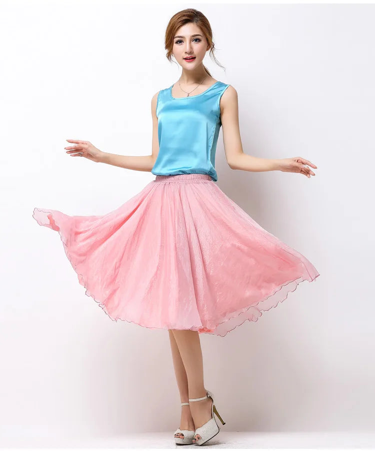 Summer Women Silk Tutu Skirts Chiffon Pleated Dance Beach Wedding Party Skirt Black White Elastic High Waist Midi Skirts