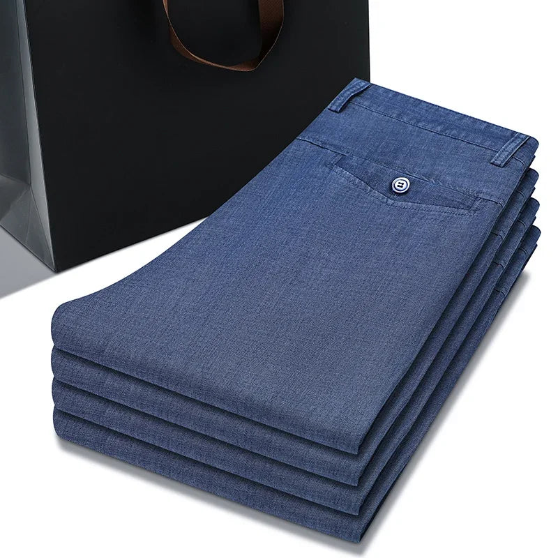 2024 New Men's Thin Lyocell Fabric Loose Jeans Light Blue Business Fashion Stretch Denim Trousers Male Clothing Brand Pants