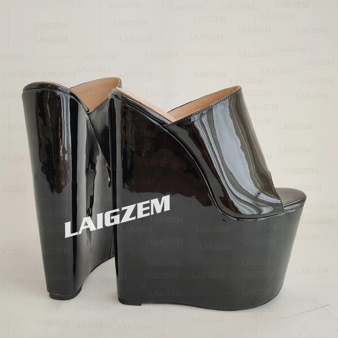 LAIGZEM Women Pumps Wedges Slip on Peep Toe 22CM High Heels Mules Party Ladies Height Increase Shoes Woman Large Size 41 44 48