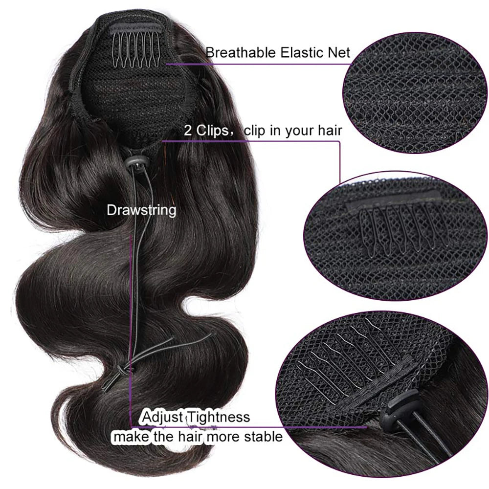 Body Wave Drawstring Ponytail Natural Black Brazilian 100% Real Human Hair Ponytail Clip In Hair Ponytail Extensions For Women