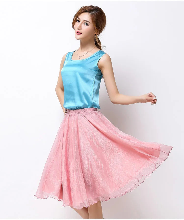 Summer Women Silk Tutu Skirts Chiffon Pleated Dance Beach Wedding Party Skirt Black White Elastic High Waist Midi Skirts