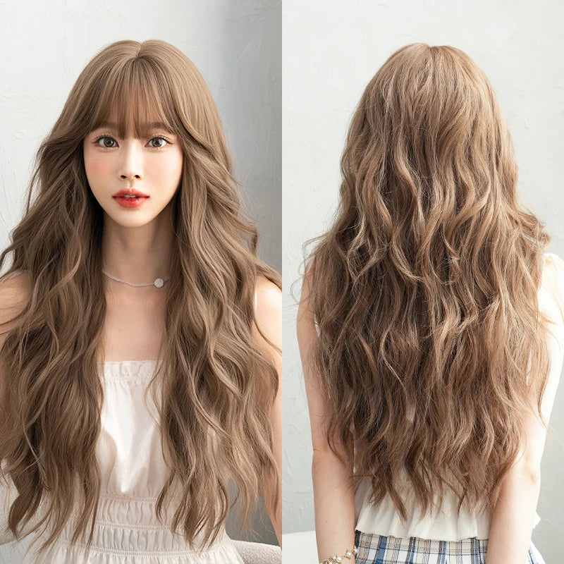 7JHH WIGS Body Wavy Wig Long Loose Curly Brown Wig for Women Daily Use High Density Synthetic Layered Hair Wigs with Bangs