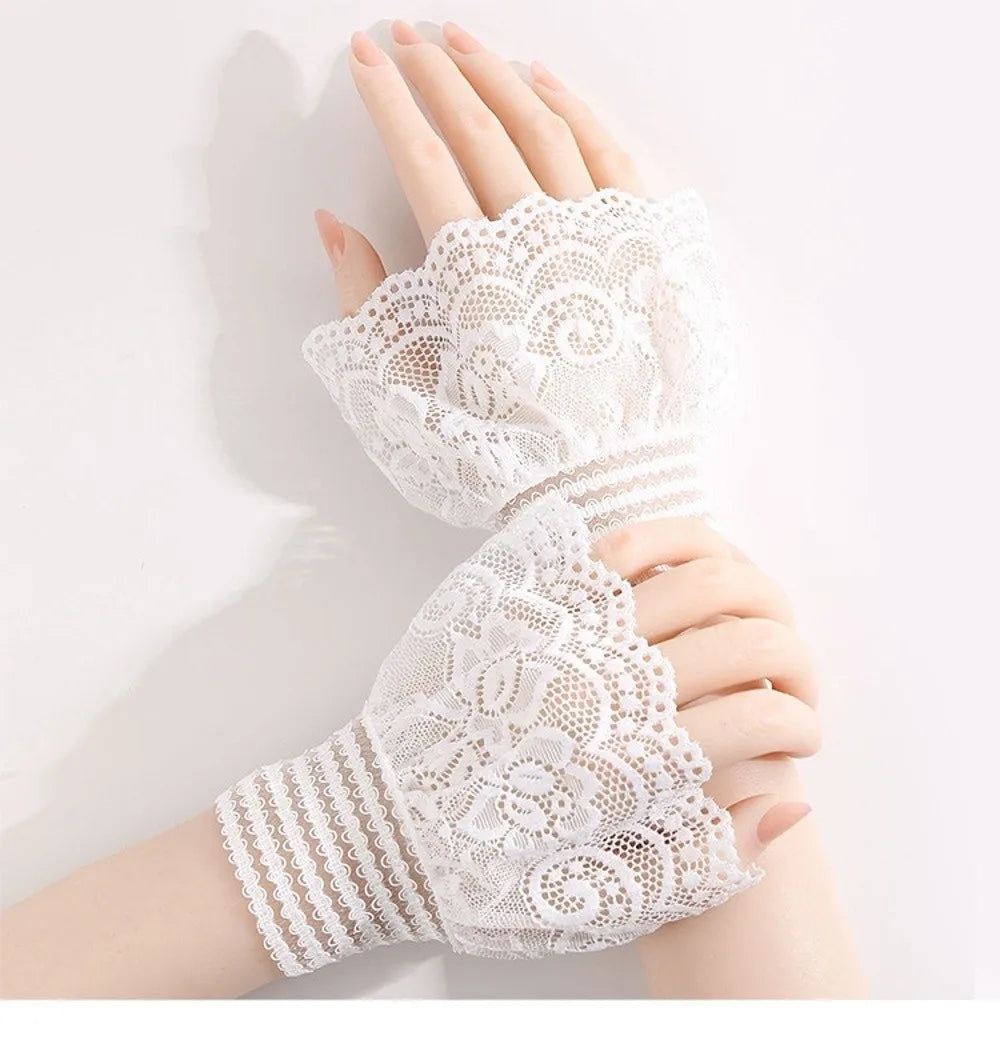 1 Pair Versatile Elegant Fake Cuffs Embroidery Pattern Detachable Lace Sleeves Solid Color Thin False Cuffs For Women
