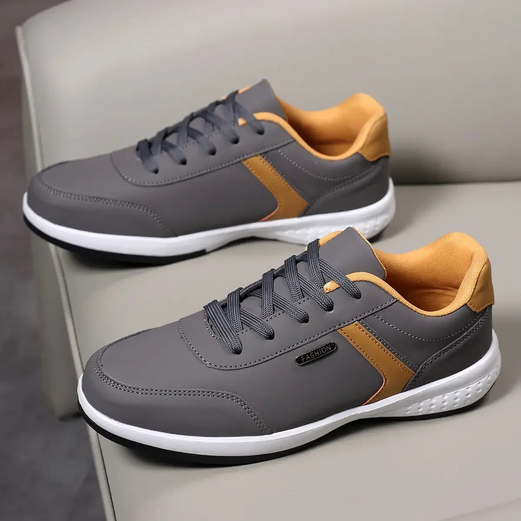 Men's Fashion Sneakers - Khaki Leather Comfortable Tennis Shoes Lace Up Large Thick Bottom Suitable for Daily Use Flat Shoes