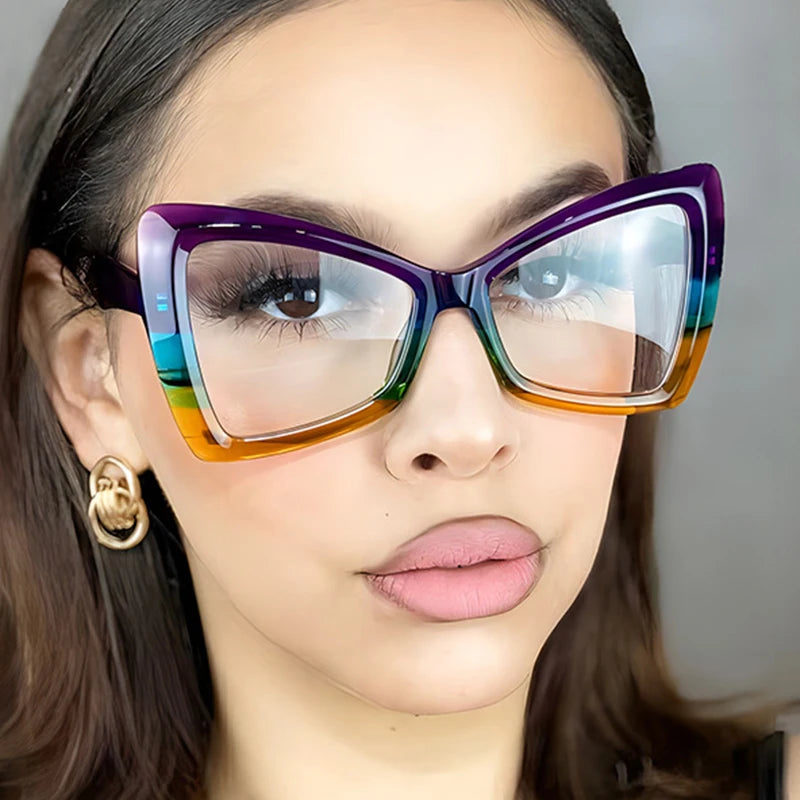 Big Frame Cat Eye Reading Glasses For Women Color Block Design Anti-blue Light 1.0 To 4.0 Strength Large Optical Lenses 802349