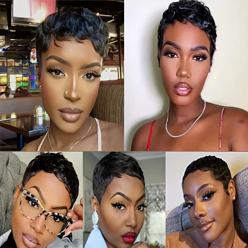 Short Pixie Cut Human Hair Headband Wig Curly Waves For Women Natural Look Wig Full Machine Made Wig