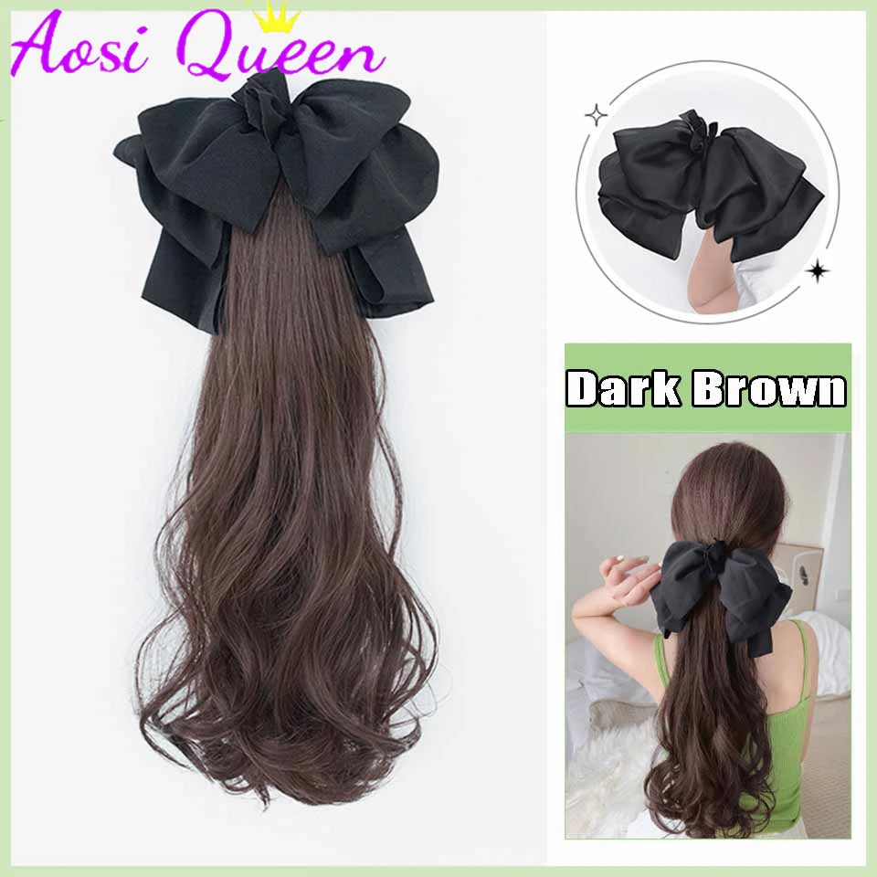 AOSI Synthetic Bow Wig Ponytail Female Clamping Style Long Straight Hair High Ponytail Long Hair Braided Straight Ponytail