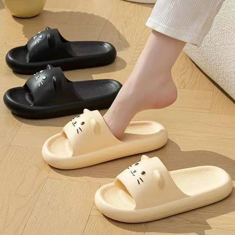 Printting Cute Cat Women Slippers Summer Indoor Soft Cartoon Sandals Bathroom Anti-slip Outdoor Comfy Men Leisure Shoes Couple