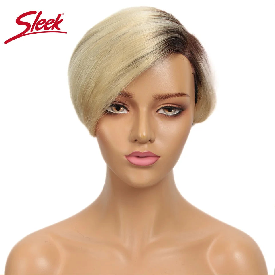 Sleek Blond 613 Short Pixie Cut Bob Wigs Lace Front T Part Human Hair Wigs Black Dark Wigs Brazilian Straight Grey Remy Hair Wig