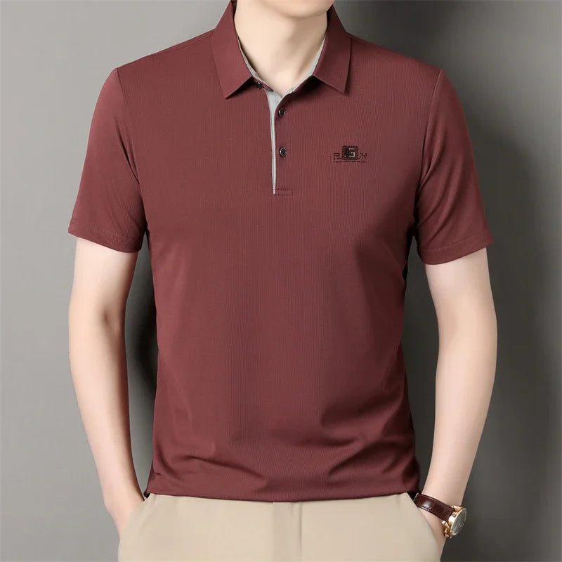 New Men's Business Casual Short Sleeved Shirt with Badge Solid Color Polo Shirt Fashionable Breathable Comfortable Versatile Top