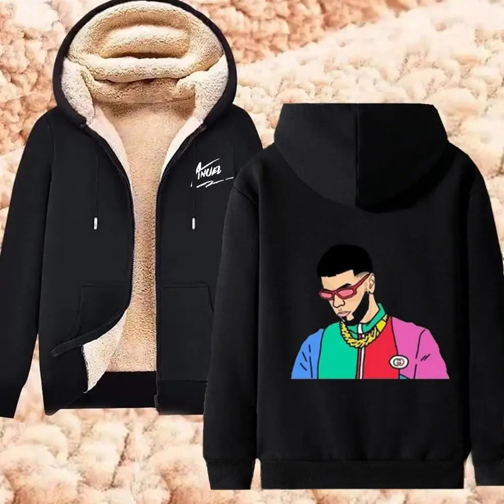 Anuel AA Printed Hoodies Real Hasta La Muerte Casual Zipper Jackets Thicken Lambswool Men Women Clothing Oversized Y2K Clothes