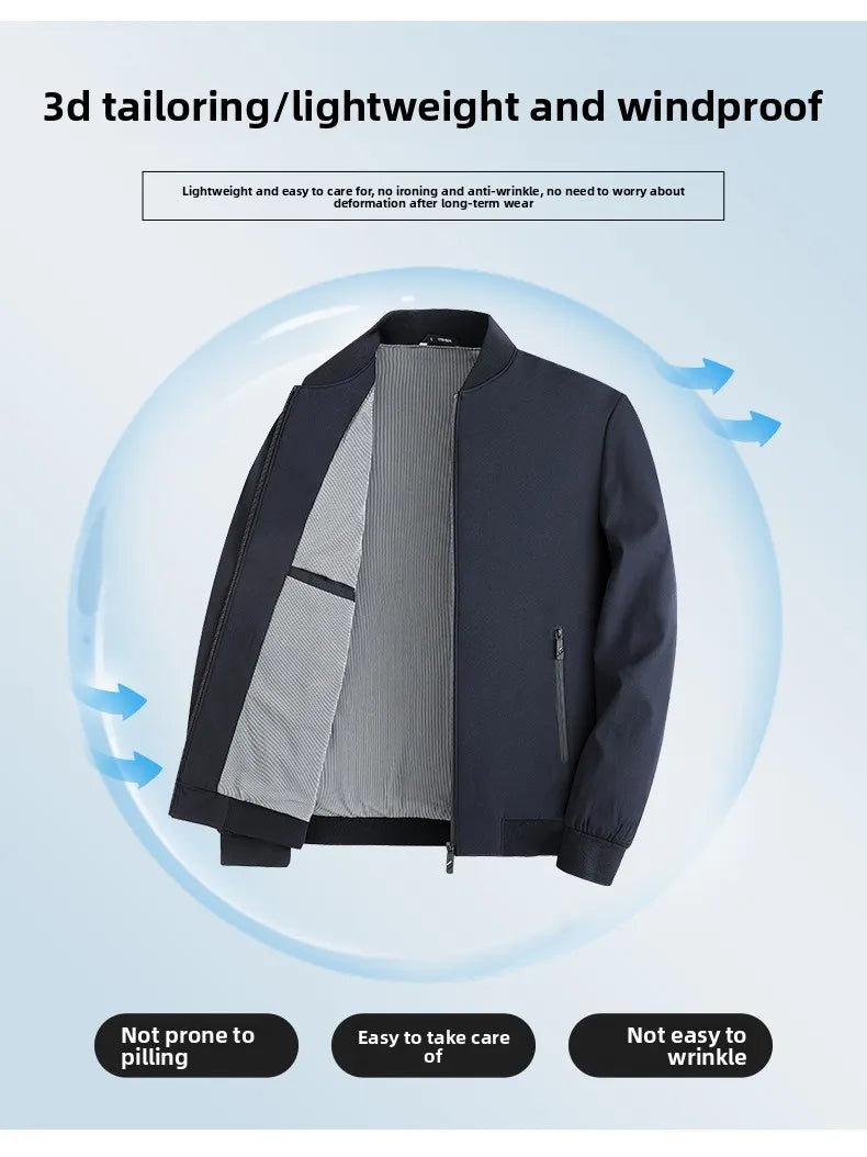 Premium Anti Wrinkle Waterproof Men Blazer Jacket Middle Aged Windbreaker Baseball Collar Business Casual Lightweight Coats