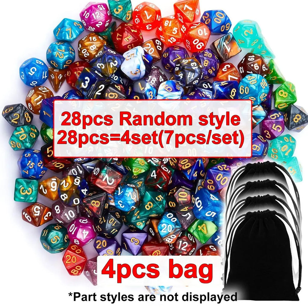 28pcs Polyhedral DND Dice Set - Black Drawstring Pouch with Color-Coded Faces, RPG/D&D Tabletop Game Accessories  ZSY