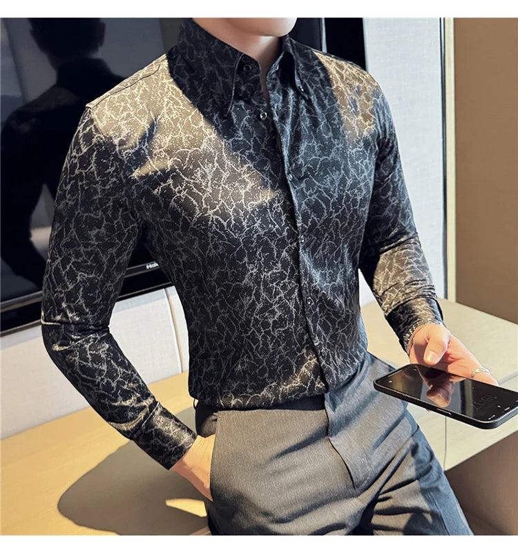 Men Dress Shirt 2024 Solid Casual Long Sleeve Slim Fit Print Shirt Fashion Formal Social Banquet Tuxedo Wedding Men Clothing