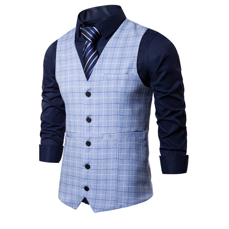 New Men Business Social Checkered Suit Vest Loose Top Homme Wedding Ball Party Dress Waistcoat