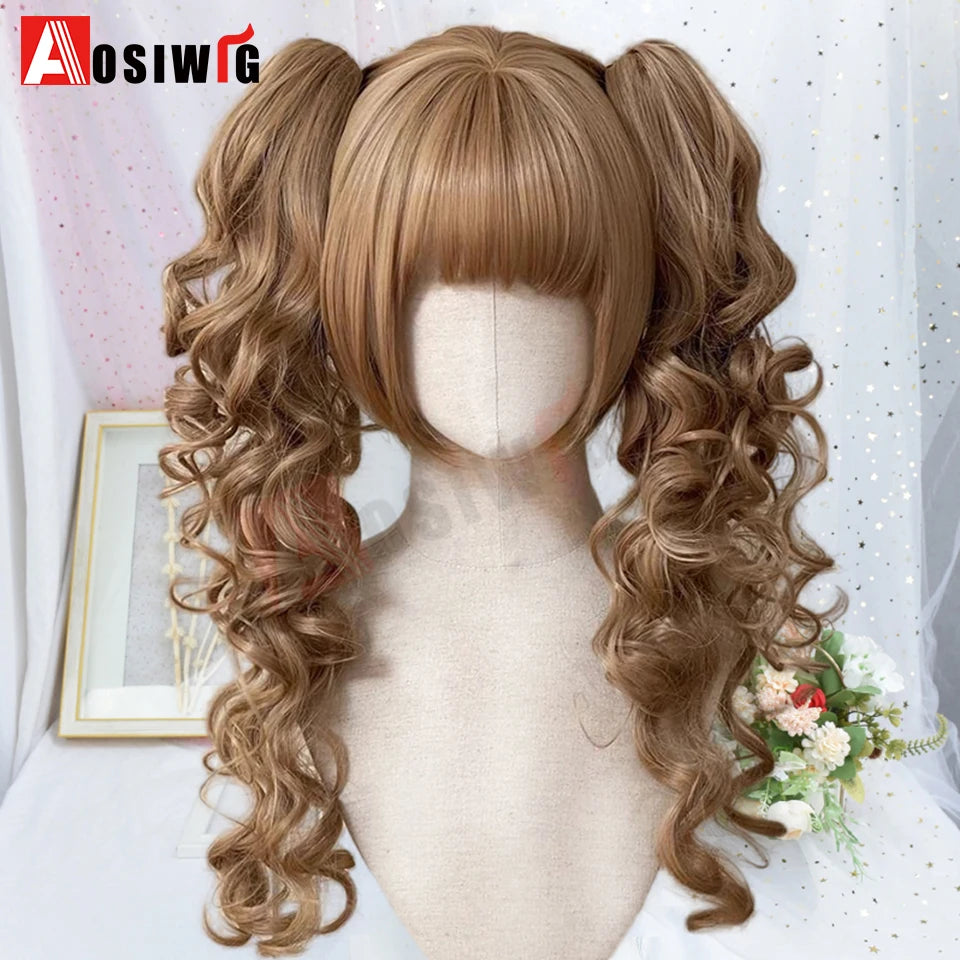 AOSI Synthetic Long Curly Wig Double Ponytail Cute Lolita Women Wigs Halloween Cosplay Style Blonde Brown Party Wig