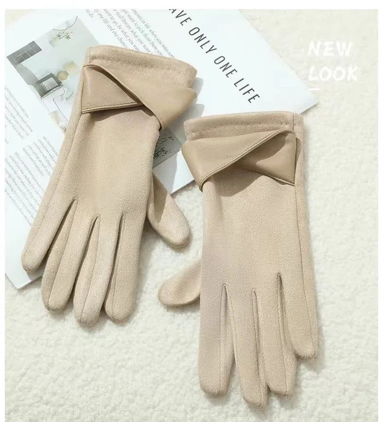 New Suede Gloves for Women Winter Plus Velvet Warm Commercial Style Temperament Bow Touch Screen Riding Driving