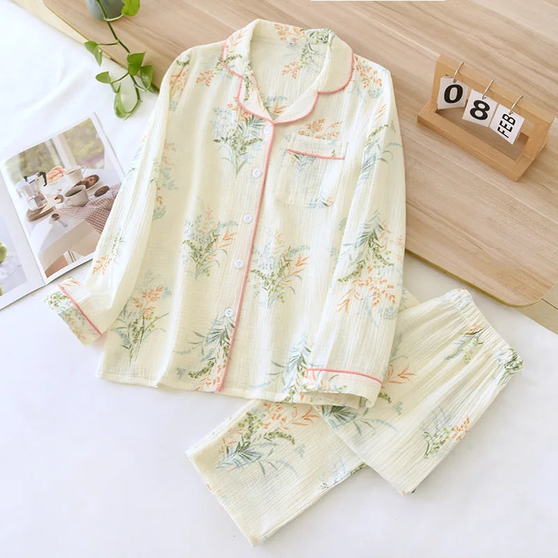 2026 Japanese New Spring and Autumn Women's Pajama Set 100% Cotton Gauze Long Sleeve Casual Home Clothes Two Piece Set