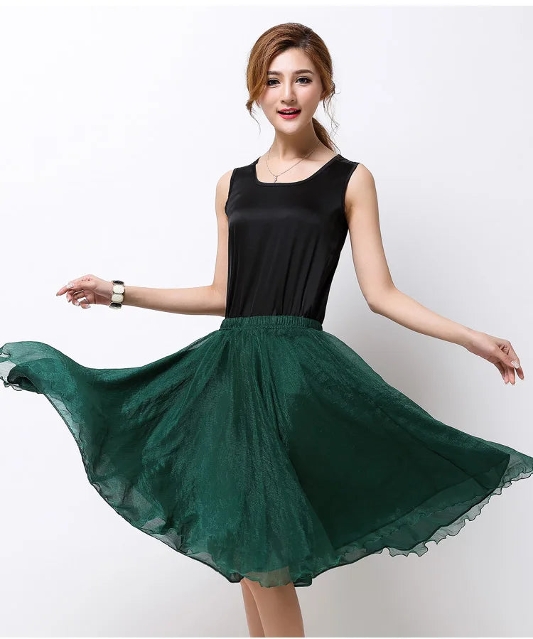 Summer Women Silk Tutu Skirts Chiffon Pleated Dance Beach Wedding Party Skirt Black White Elastic High Waist Midi Skirts