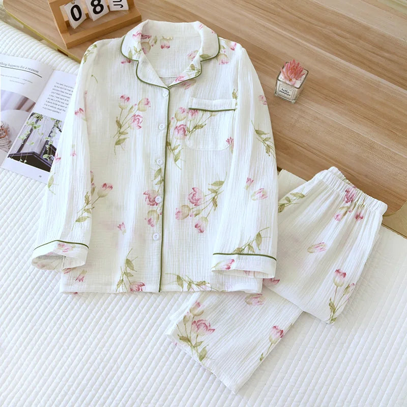 2026 Japanese New Spring and Autumn Women's Pajama Set 100% Cotton Gauze Long Sleeve Casual Home Clothes Two Piece Set