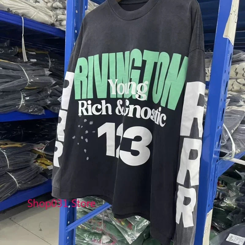 R123 Long Sleeve T Shirt Vintage Washed 100% Cotton Loose Fit Casual Mens Pullover  oversized t shirt