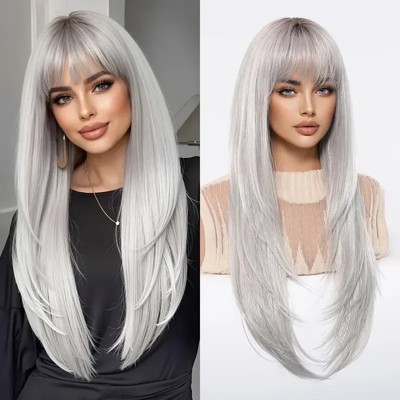 EASIHAIR Brown Straight Layered Wigs for Women Long Natural Hair Synthetic Wigs With Bangs Daily Use Party Heat Resistant Wigs
