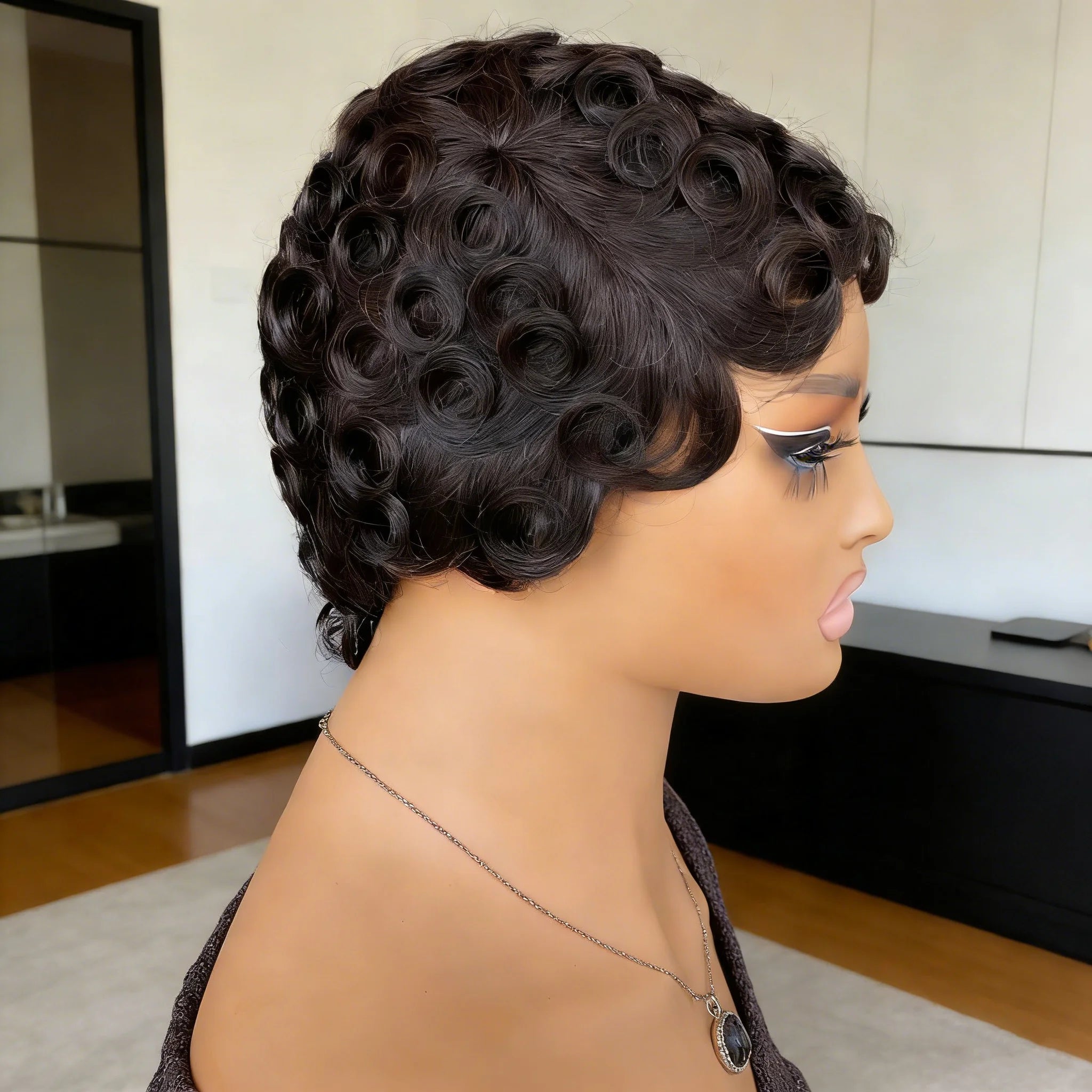 Pixie Cut Wigs for Women Short Layered Wigs Full Machine Made Side Part Wig Short Haircut Wig with Bangs Black Color 1B