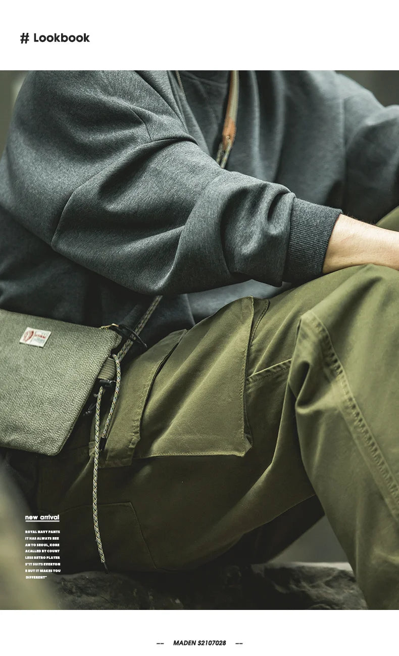 Maden Vintage Tactical Tapered Pants for Men 100% Cotton Wide Cargo Pant Casual Baggy Large Pockets Trousers Streetwear