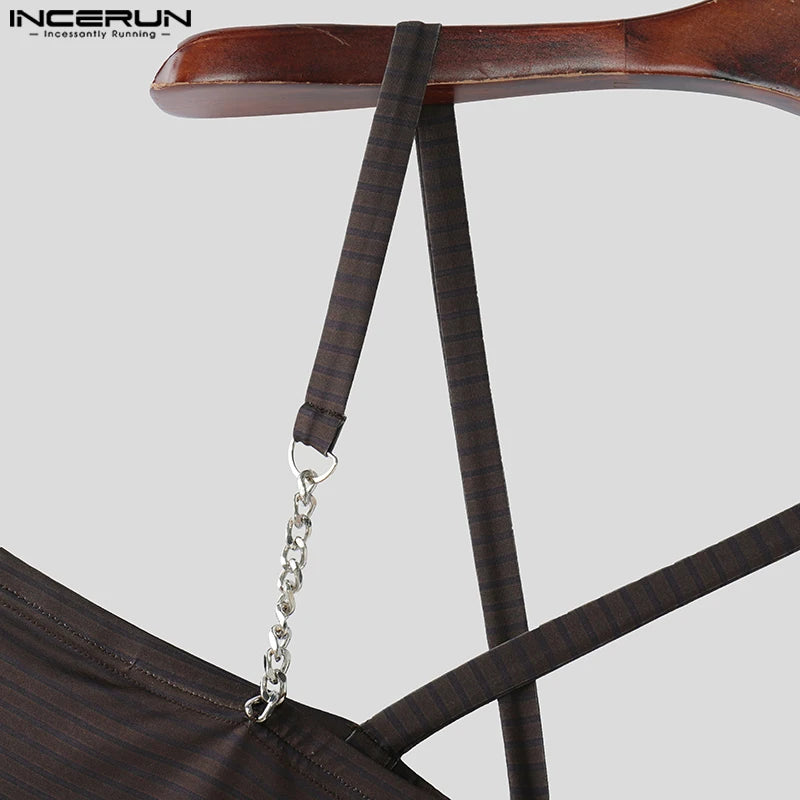 INCERUN Tops 2025 American Style Fashion New Men Striped Metal Strip Hanging Neck Vests Summer Sexy Casual Personality Tank Tops