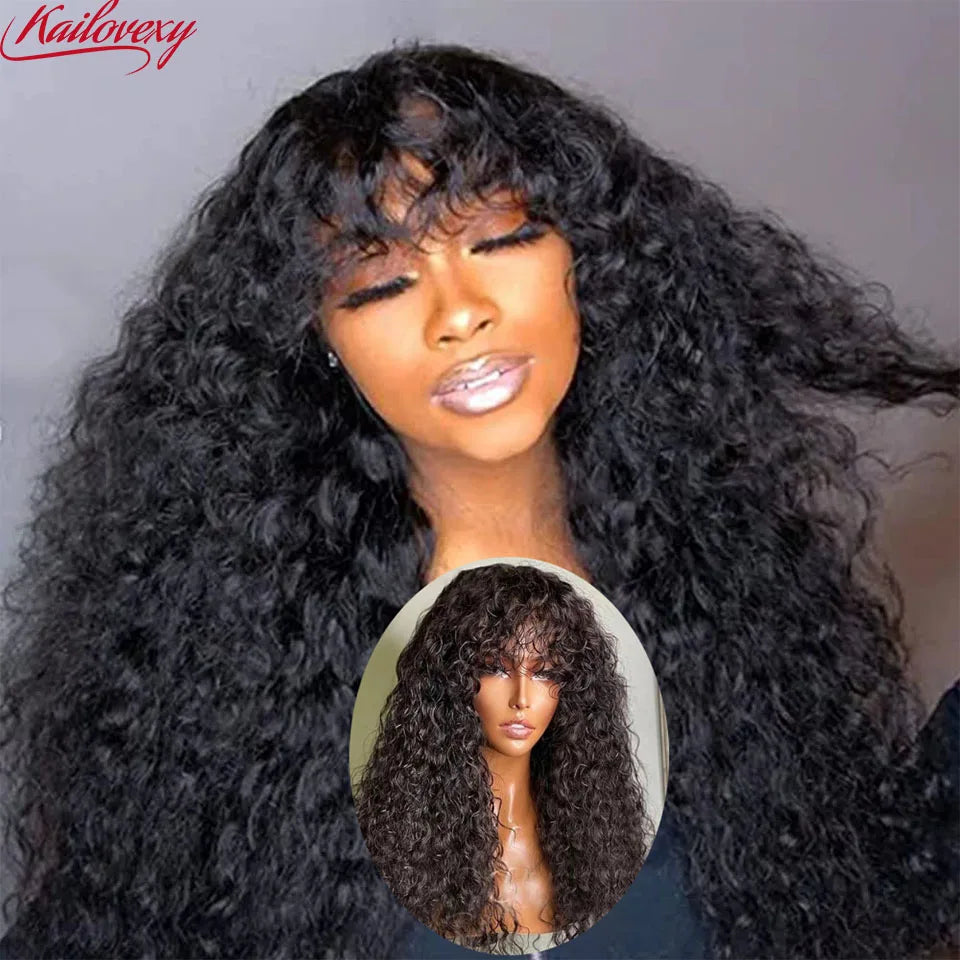 Water Wave Wig with Bangs Human Hair Full Machine Made Scalp Top Wig Glueless Virgin Brazilian Long Curly Wig No Lace for Women