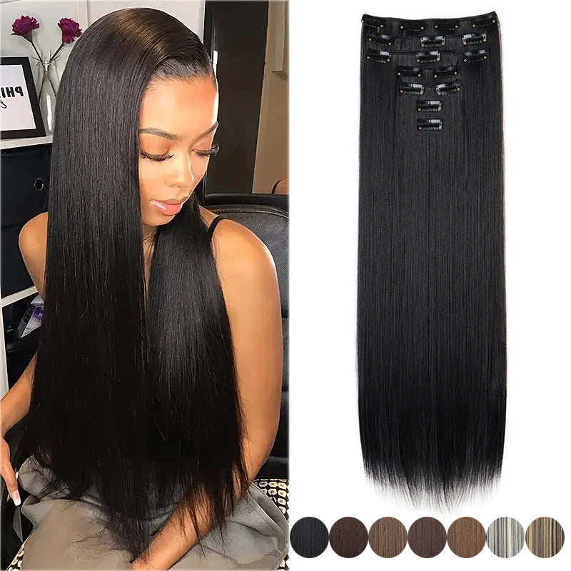 16 clips Synthetic Long Straight Hair Extensions Clips in Hair Black Brown 6Pcs/set Hairpiece for Women