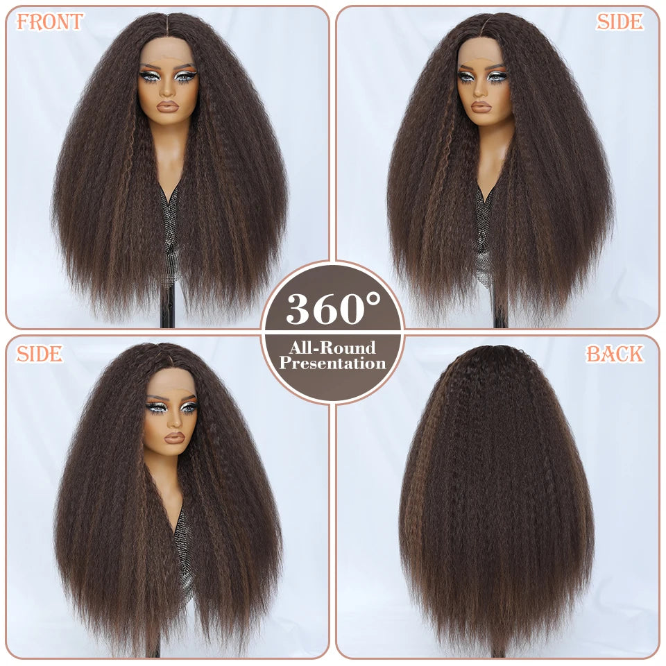 Kinky Straight Lace Front Wig T-Part 28Inch Synthetic 13x5x1 Long Lace Wigs Afro Yaki Straight Wigs Ombre Brown For Black Women