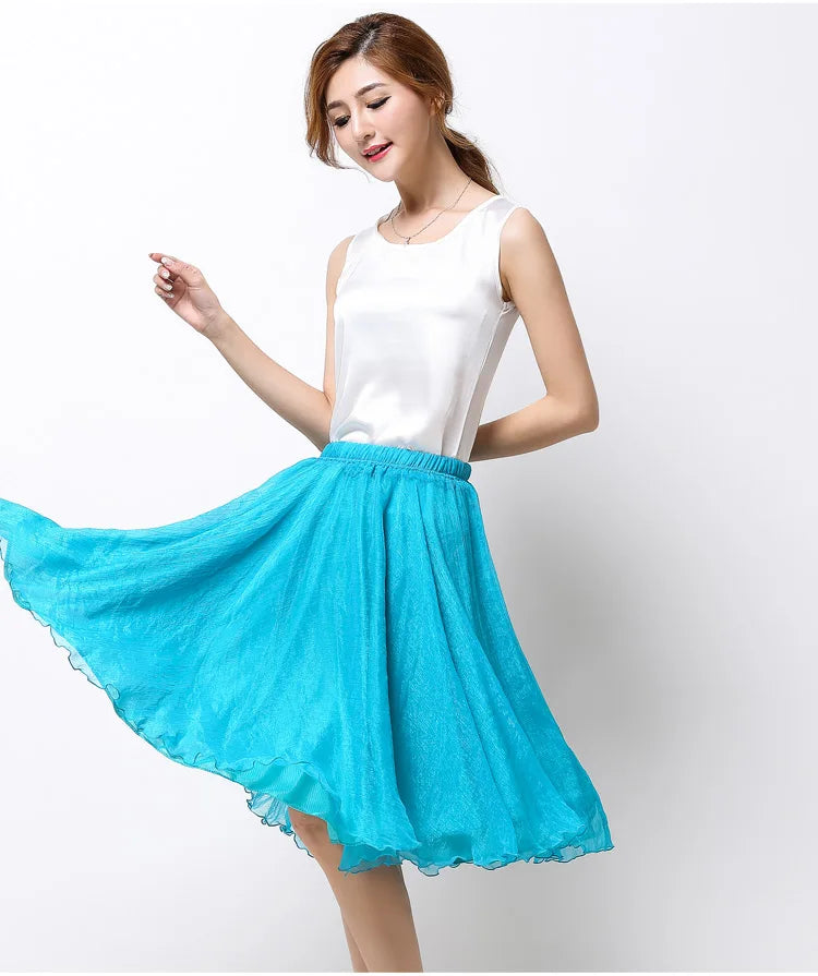 Summer Women Silk Tutu Skirts Chiffon Pleated Dance Beach Wedding Party Skirt Black White Elastic High Waist Midi Skirts