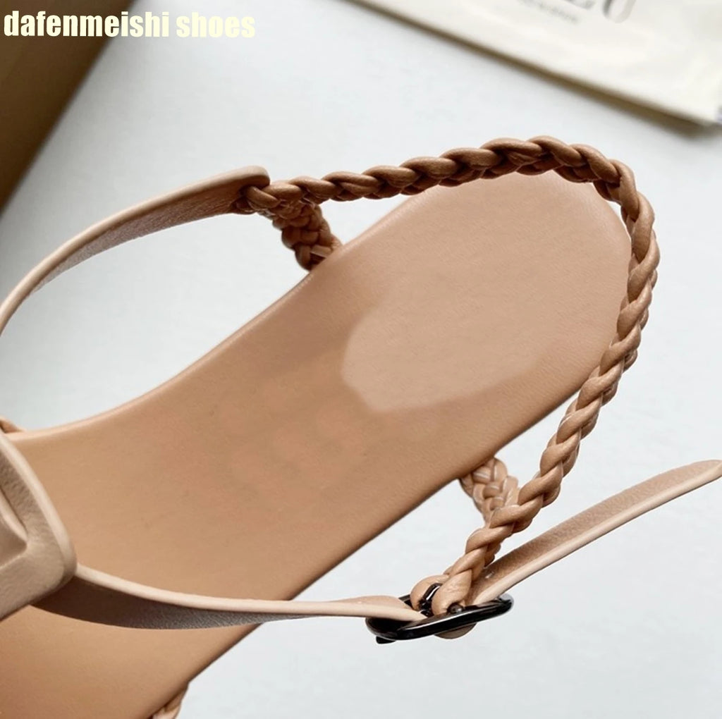 Flat Genuine Leather Woven Sandals Women's Hemp Rope Square Toe Summer Roman Shoes Singback Solid Color Fashion Shoes