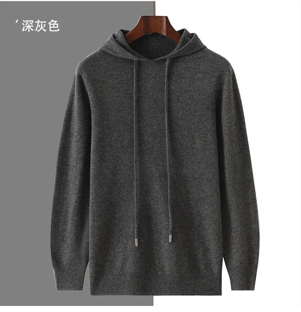 Men's Autumn Winter 100% Merino Wool Sweater Hooded Collar Knitted Pullover Cashmere Sweatshirt Casual Large Tops Long Sleeved