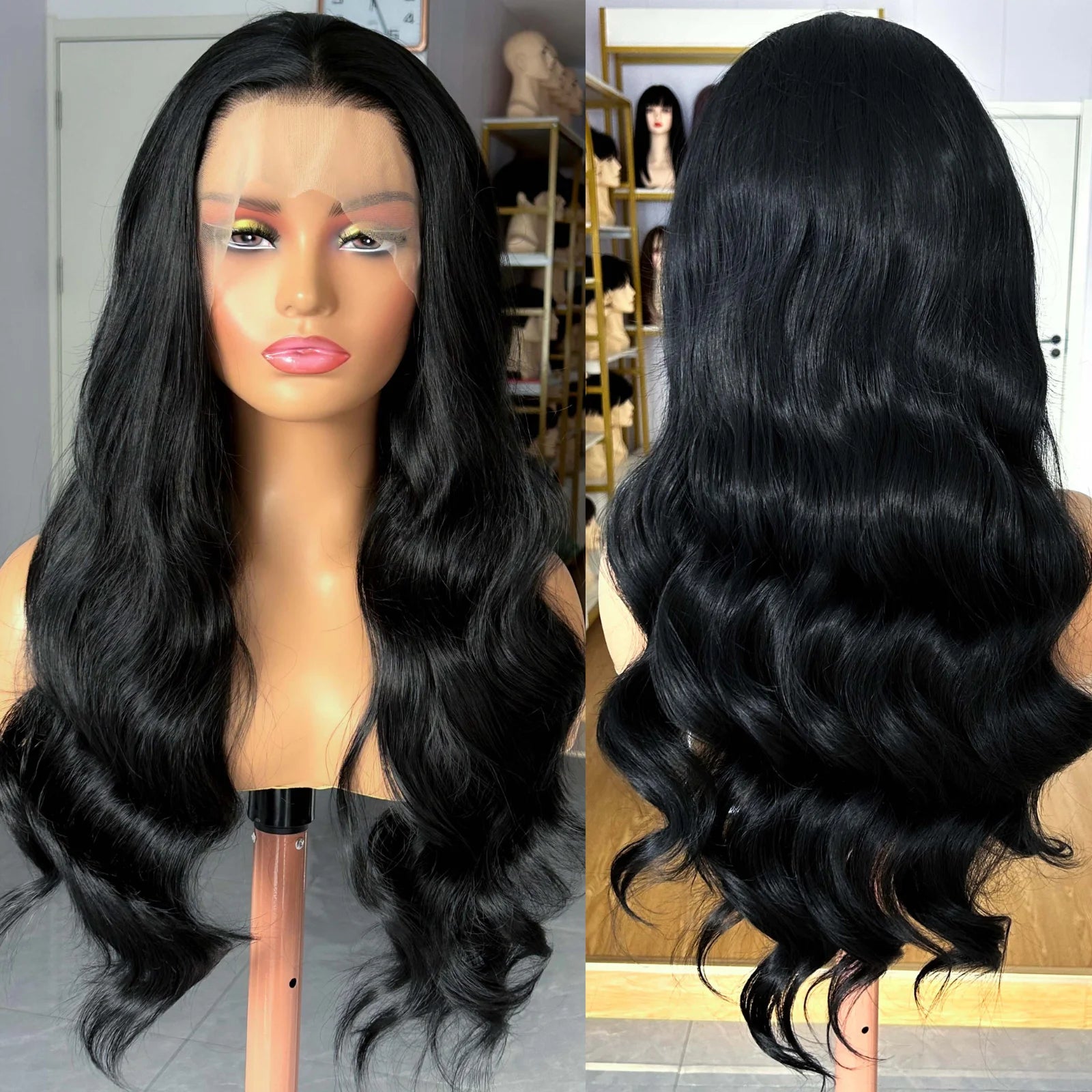 Long Wavy Black Natural Curly Synthetic Lace Front Wig Free Part Loose Body Wave 13X4 Frontal Wigs for Women Daily Party Cosplay