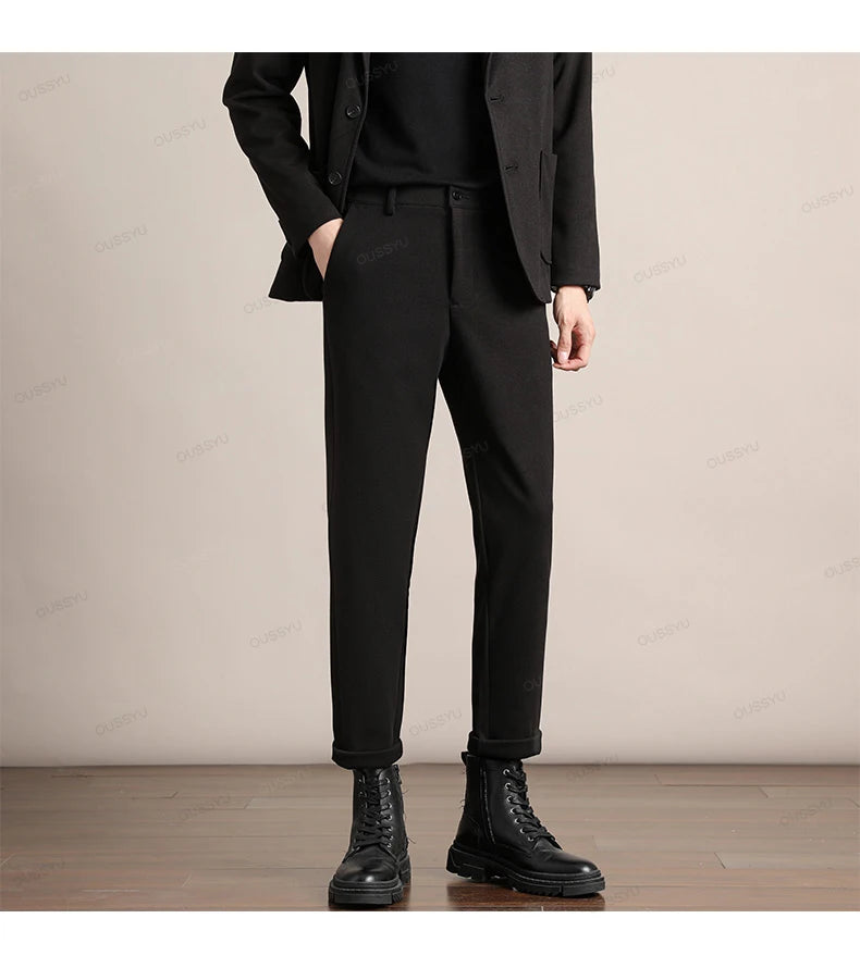 Brand Clothing Autumn Winter Luxury Suit Pants Men Thick Business Elastic Waist Woolen Ankle Pant Korean Formal Long Trousers