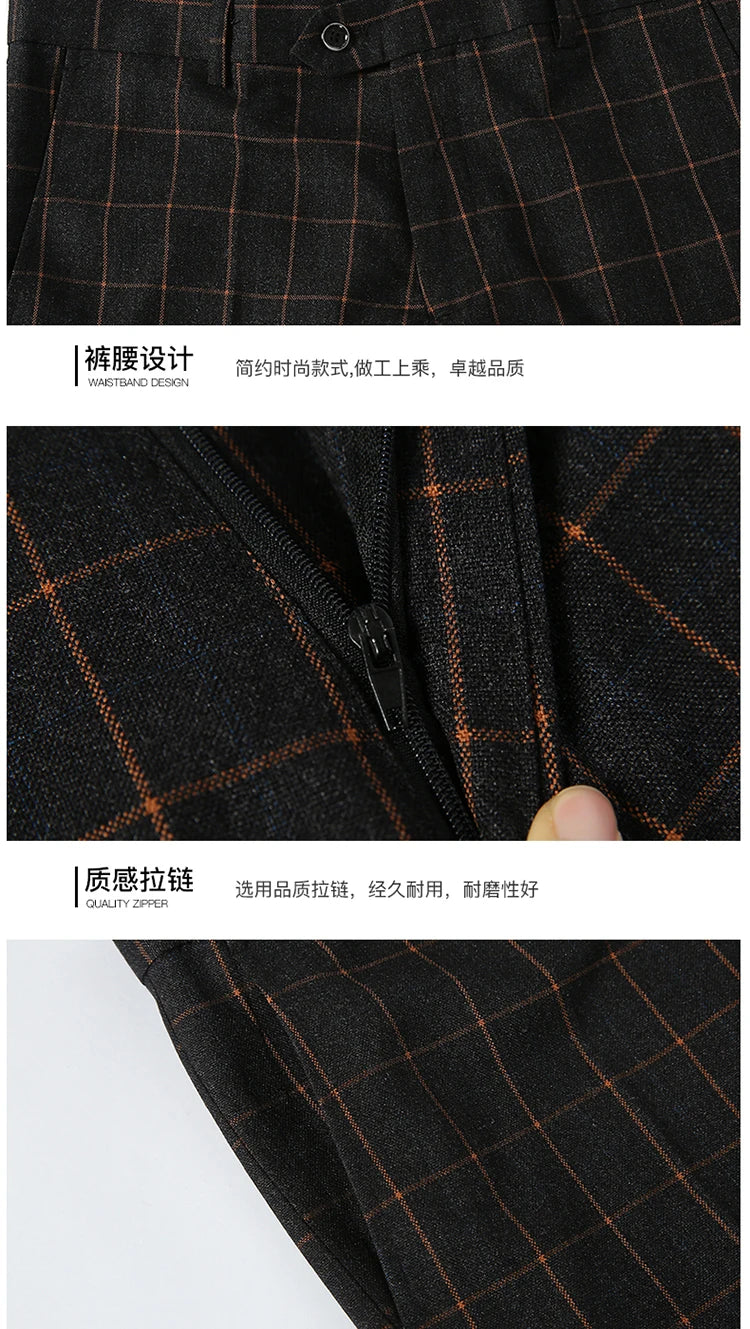 2025 New Burgundy Navy Plaid Casual Suit Pants for Men, Beige/Blue Vertical Stripe Non-Iron Slim Small Leg Work Trousers Men
