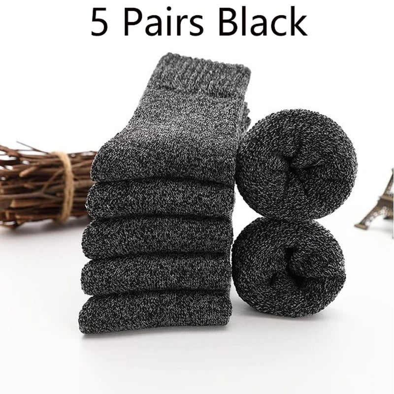 5 Pairs Winter Socks Men's Wool Warm Socks Thick Towel Mid-Calf Anti-Cold Snow Boots Socks Retro Solid Color Merino Terry Socks