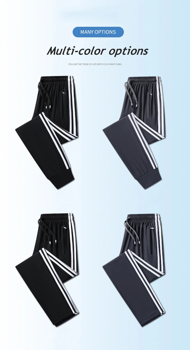 Summer Plus Size Trousers M-8XL Ice Silk Three-bar Casual Pants Men's Loose Casual Ultra-thin Sports Fitness Jogger Trousers Men