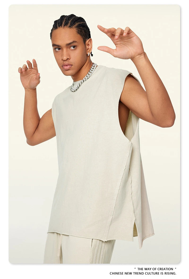 ZODF Vintage 2024 Washed 270gsm Cotton Tank Tops For Men Unisex Summer Relax Fit Slit Sleeveless Vest Streetwears HY0777