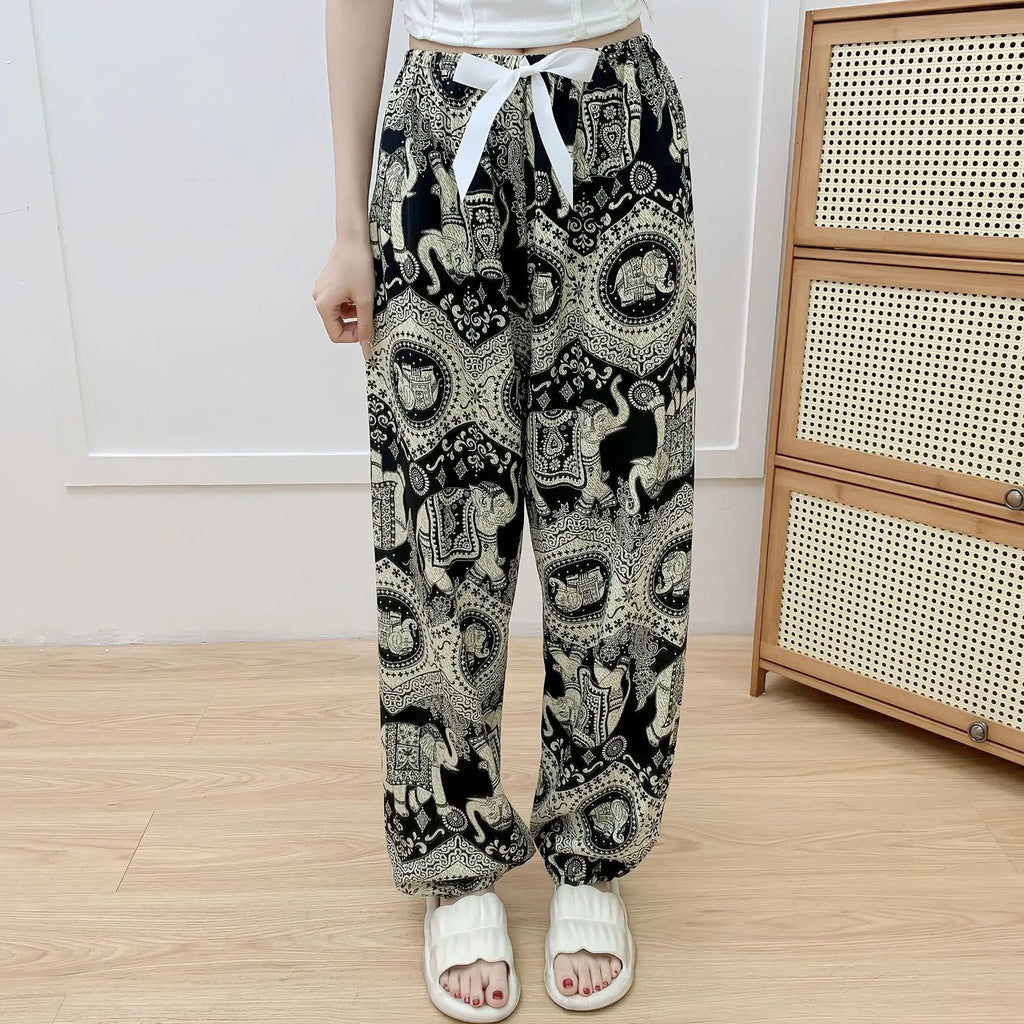 New Korean Style Pants Summer Cropped Trousers Women's Flower Home Clothes Loose Wide Leg Pants Casual Beach Outfits Sweatpants