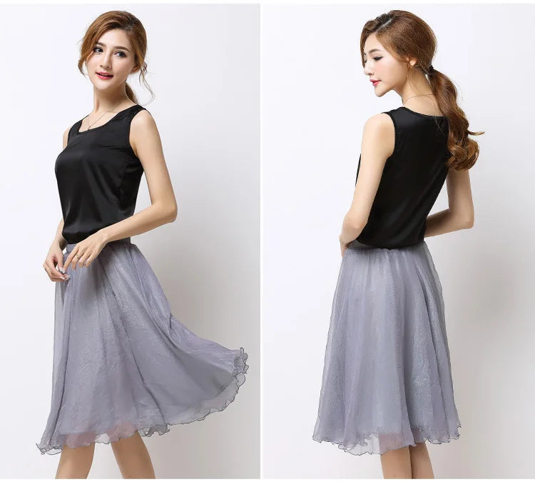 Summer Women Silk Tutu Skirts Chiffon Pleated Dance Beach Wedding Party Skirt Black White Elastic High Waist Midi Skirts