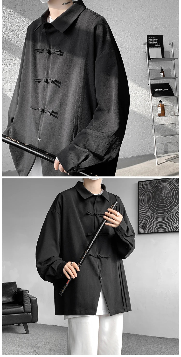 Men's Dial Buckle Solid Long Sleeve Shirt Chic Pleated Decor 2024 Spring New Loose Casual Traditional Chinese Style Clothing