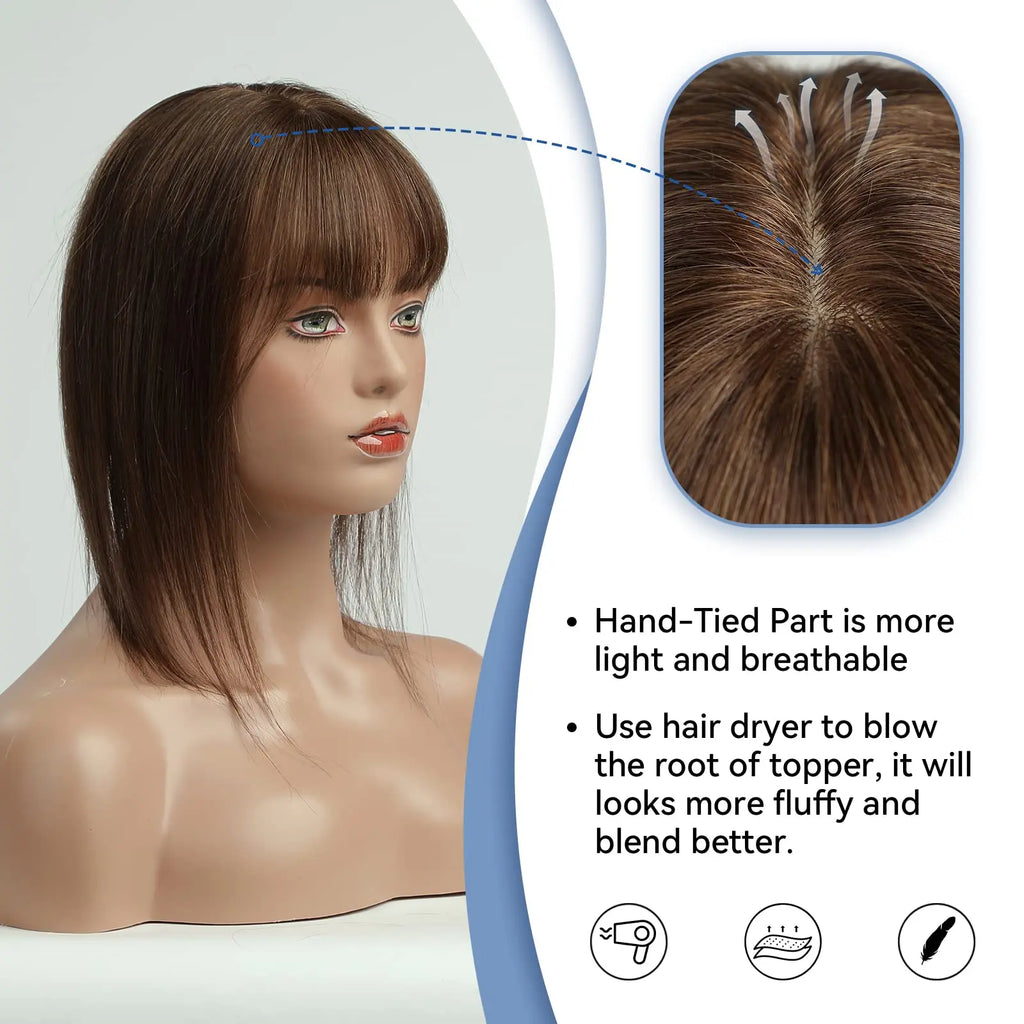14 Inch Brown Silk Base Remy 100%Human Hair Toppers Clip-In Top Hairpiece for Women Natural Straight Hair Extensions