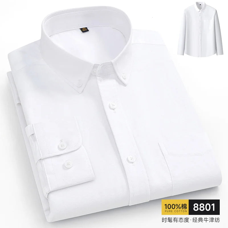100% Pure Cotton Men Shirts Long Sleeve Dress Shirts Male Slim Social Business Blouse Solid Color Oxford Shirt 8XL 10XL 11XL