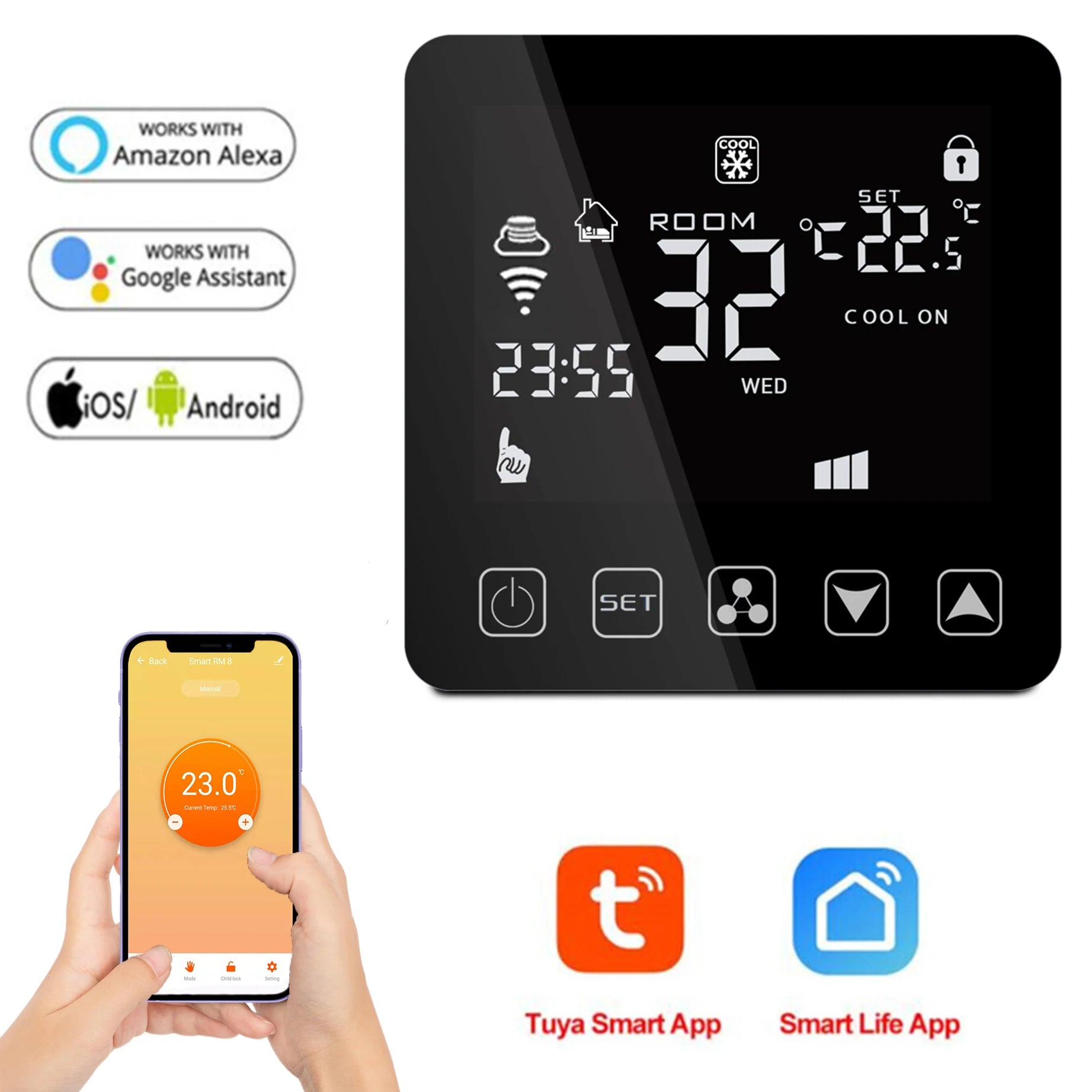 Tuya Smart Thermostat Cooling Heating 3 Speed Fan WiFi Room Thermostat for Central Air Conditioner Fan Coil Unit
