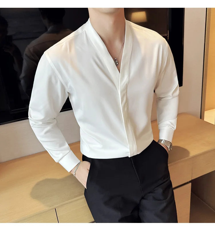 High Quality Collarless Shirts Men Fashion Slim Fit Long Sleeve Casual Shirts Business Office Social Formal Shirt Men Clothig